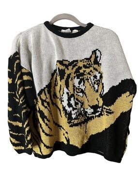 Maxima Tiger Intarsia Crewneck Sweater Black Gold & Cream Metallic Size Medium